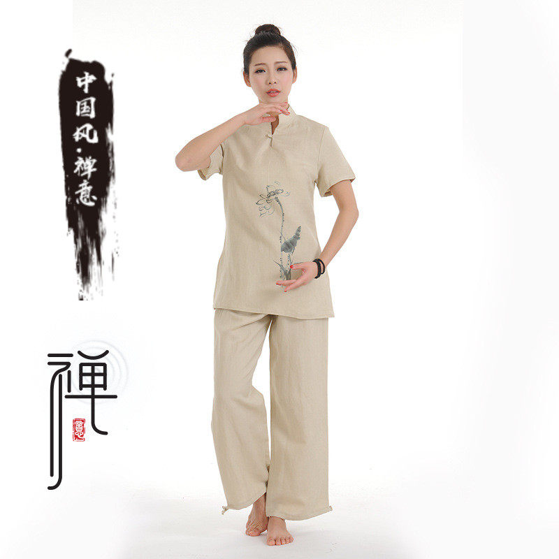 采耳师服装春季禅意女装套装打坐居士禅服女中国风荷花图案瑜伽服