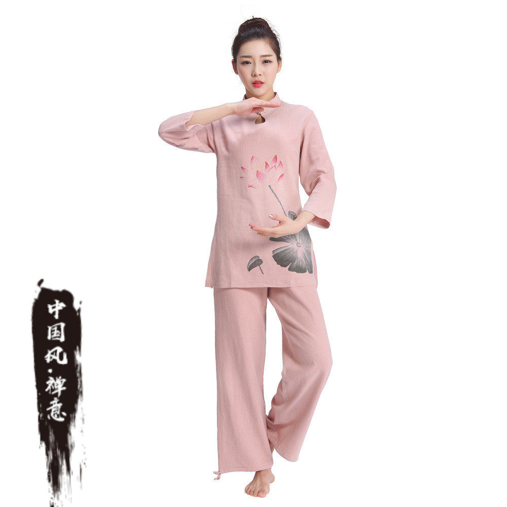 新中式禅服套装夏季居士服女禅意文艺茶服年轻款国风棉麻荷花图案