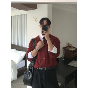 韩系包芯纱针织开衫男圆领排扣修身长袖卫衣休闲工装羊毛衫薄外套