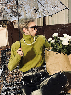 高领双面德绒磨毛t恤堆堆领毛呢