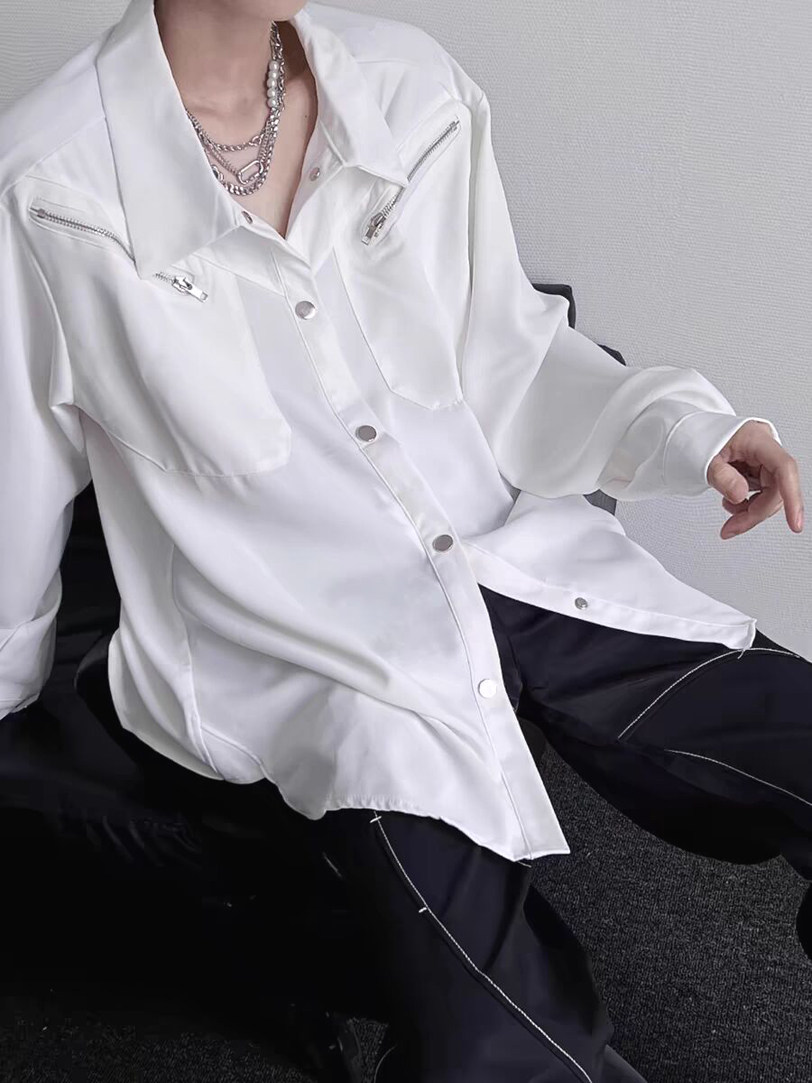 小众设计感双拉链衬衫男高冷禁欲系宽松长袖免烫冰丝雪纺衬衣外套