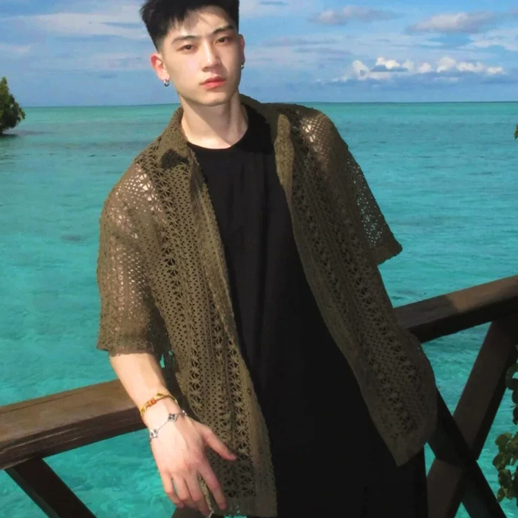 老钱风绿色镂空针织开衫男编织提花短袖衬衣网状透视麻花衬衣外套