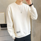 网红爆款 提花白t恤男高端设计感华夫格卫衣cityboy圆领套头打底衫