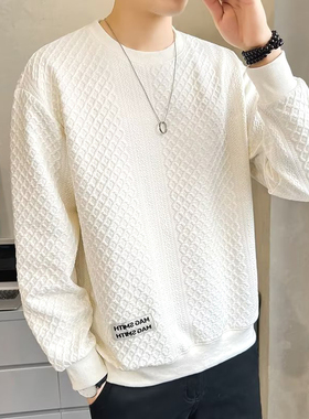 网红爆款提花白t恤男高端设计感华夫格卫衣cityboy圆领套头打底衫