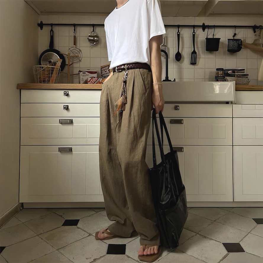 慵懒风棉麻工装西裤男宽松直筒长裤薄款透气防晒裤子亚麻西装裤潮