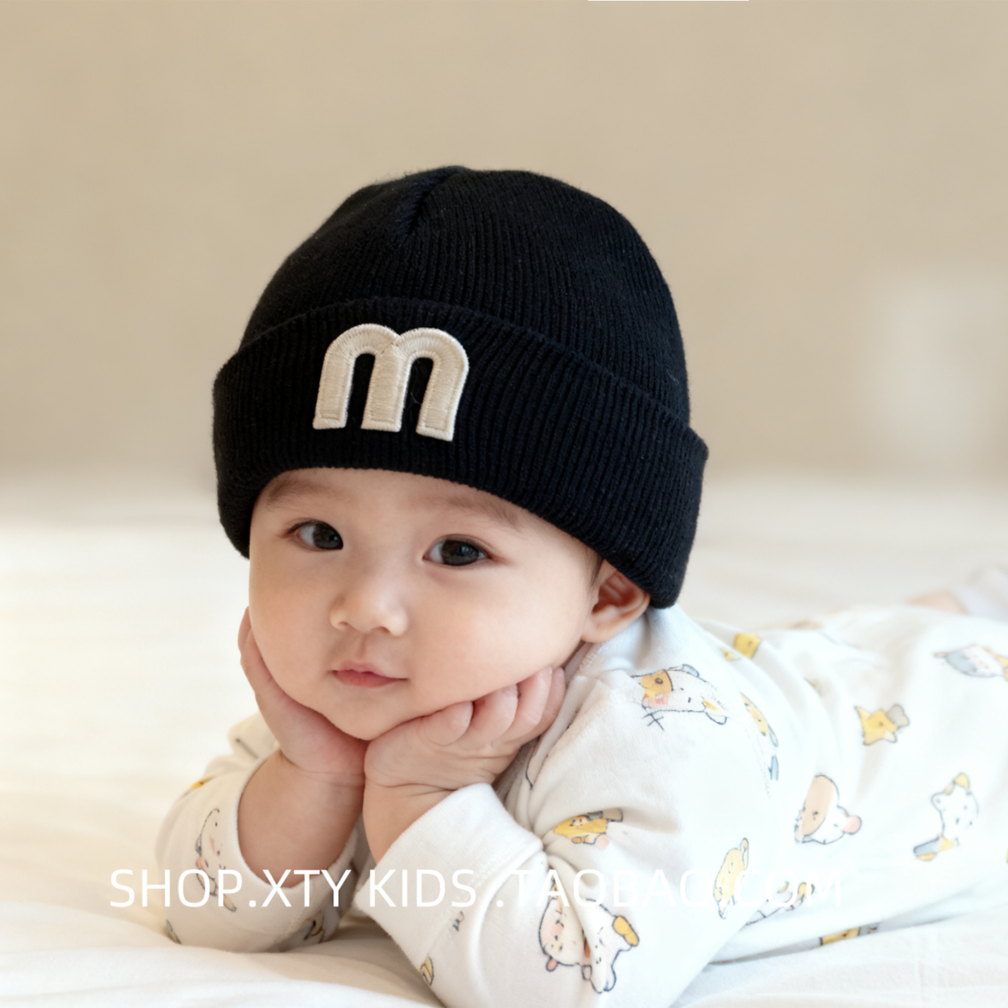 宝宝帽子秋冬季保暖毛线护耳帽洋气字母防风套头针织小月龄婴儿帽