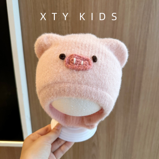 新款宝宝帽子冬季加厚毛绒可爱小猪卡通护耳包头防风小月龄婴儿帽