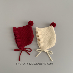 韩版婴儿帽子女公主花边毛球精灵护耳毛线帽尖顶保暖小月龄宝宝帽