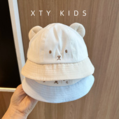 婴儿帽子春秋季 可爱拼色小熊渔夫帽外出防风遮阳大檐宝宝盆帽 薄款