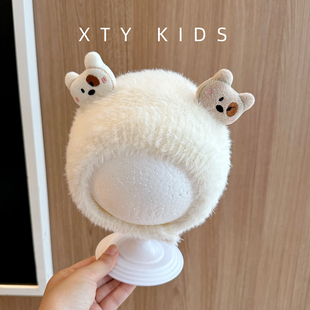 婴儿帽子秋冬款小月龄男童女孩小熊毛绒护耳帽加厚保暖宝宝针织帽