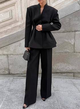 黑色高级感long sleeves v领褶皱收腰suit coat trousers two-pie