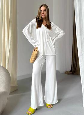 knit V领long sleeves 睡衣suit  2025autumn new minimalist 睡