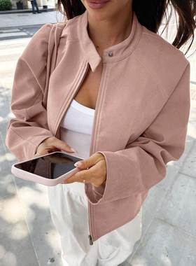 2025autumn and winternew立领麂皮long sleeves夹克coat女设计感