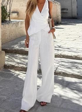 白色棉麻V领围裹绑带waistcoat trousers suit 2025spring and su