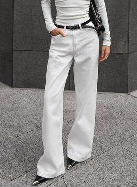 American style 高街白色直筒versatile 拖地leisure trousers au
