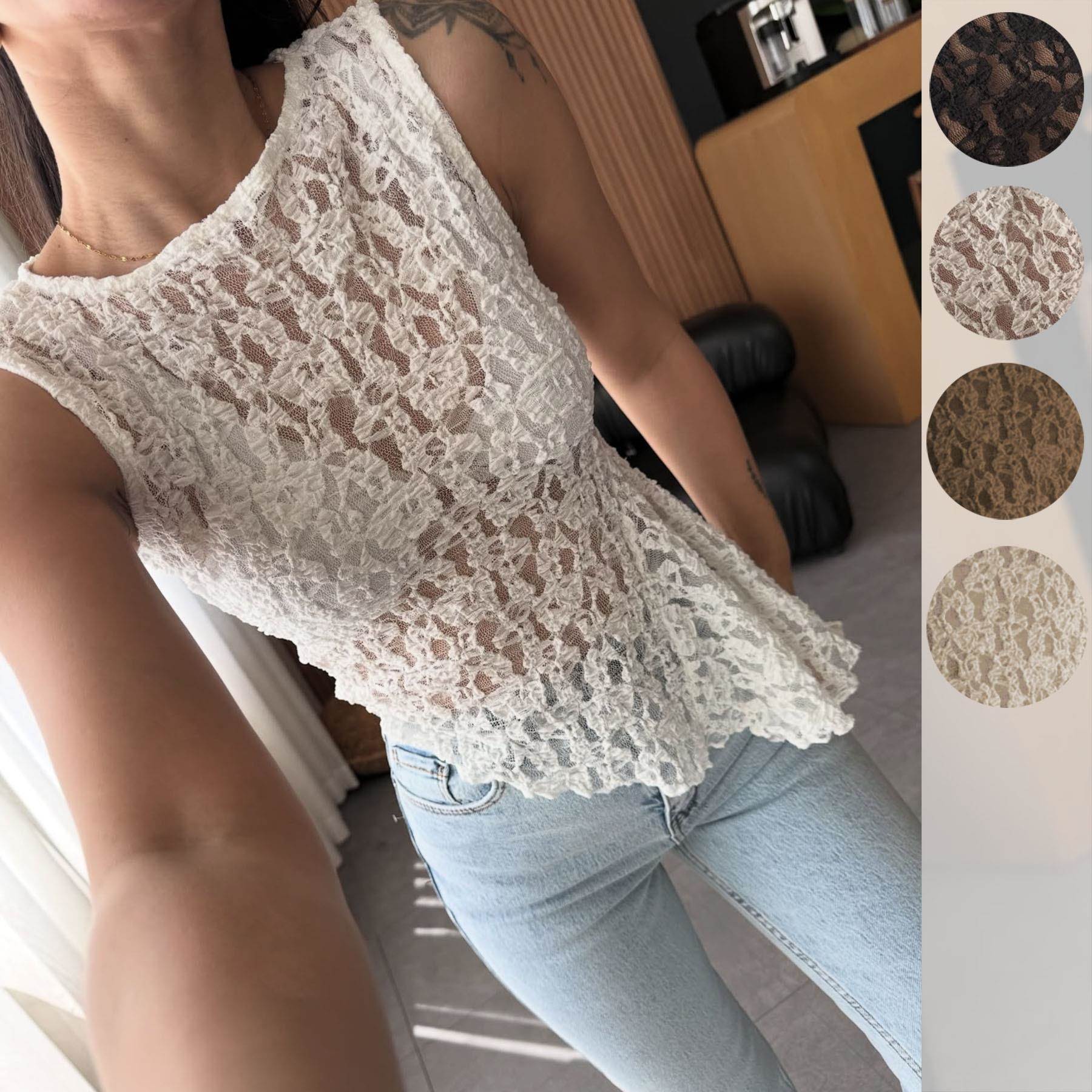 Explosive lace shirt with irregular slanted top