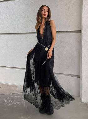 2025sexy 黑色锦蕾丝temperament  dress versatile sexy V领loos