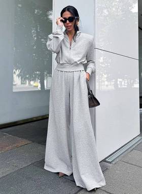 autumn and winter fashion 灰色垫肩hoodie 阔腿裤two-piece set