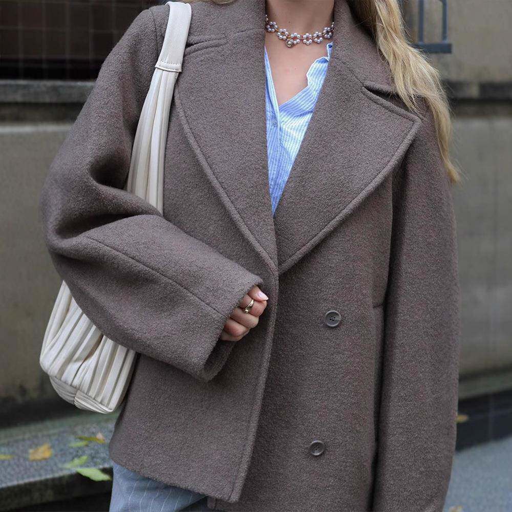 实拍-双排扣翻领短款毛呢coat fashion minimalist versatile 毛