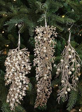 香槟色异形挂件粘粉珍珠塑料柏树叶圣诞树starp 吊饰圣诞节decora