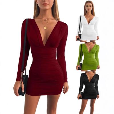 women's clothing new  V领sexy long sleeves 款skirt 纯色高腰