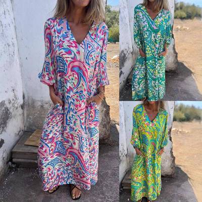 2025春季women's 独立站loose leisure v领long skirt printing