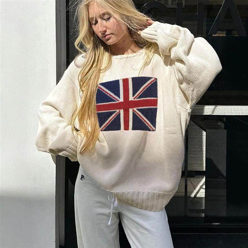 复古国旗long sleeves套头round neckknit衫autumn and winterswe