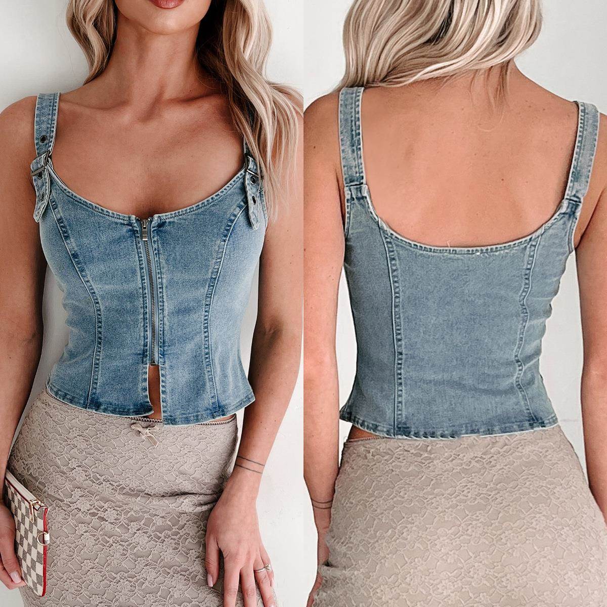Women's denim cardigan with no sleeves and zipper closure