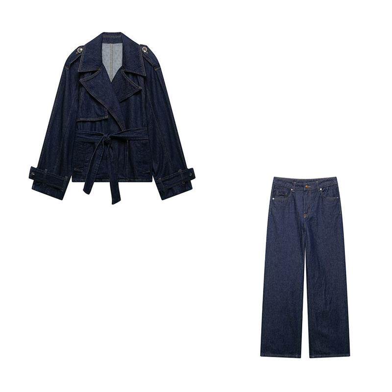 womens clothingwomens法国蓝腰带短款阔版设计感牛仔风衣HM高腰