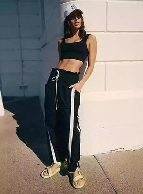 lady leisure loose 条纹sport 裤Y2Ksport 弹力高腰抽绳阔腿筒裤