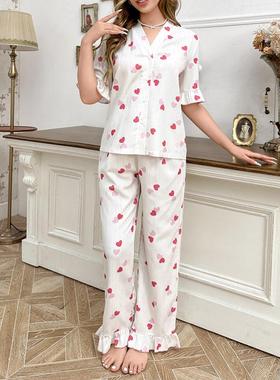 风无领爱心睡衣女suit spring and summer new loose 甜美printin