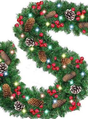 圣诞节装饰PVC松针混合沾白红果子2.7米圣诞藤条欧式壁炉starp