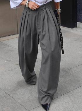 French 通勤压褶灰色suit 裤女2025autumn 外贸fashion leisure l