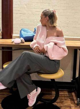 2025autumn and winternew女士knit开衫粉色sexy辣妹螺纹设计感短