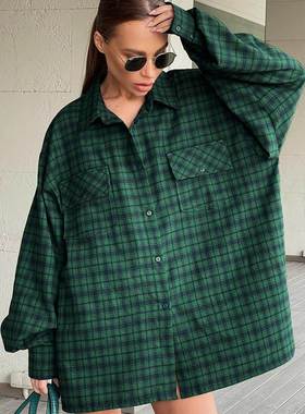 2024autumn and winternew美式复古绿色格子oversize衬衫小众loos