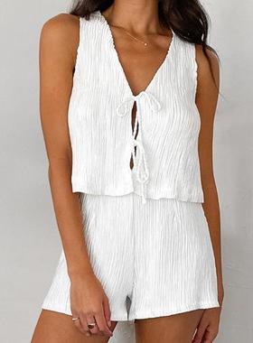 白色泡泡绉无袖系带waistcoat 热裤suit 2025spring and summer f