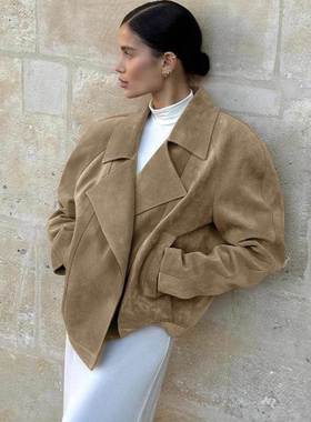 美拉德复古麂皮绒coat2025autumn and winternew设计感suit领loos