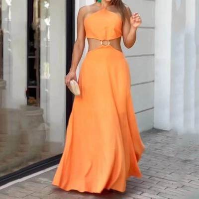 Dress, polyester, long neck, high waist连衣裙涤纶挂脖高腰