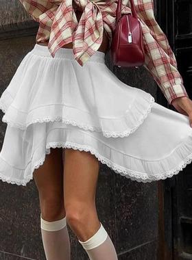 白色花边A摆loose 少女风half skirt autumn and winter new 纯欲