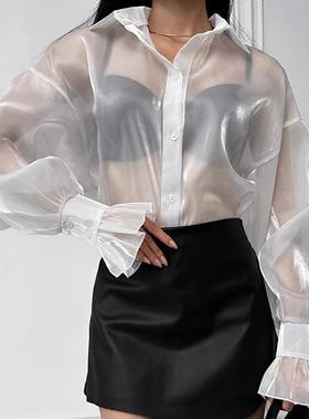 spring and summer new 白色翻领sexy 透视纱衬衫2025fashion 荷
