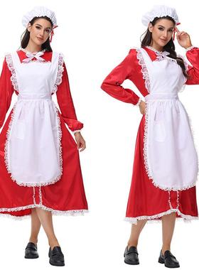 新款Hallowmas COSPLAY圣诞女仆红色长裙庄园女佣角色show 服