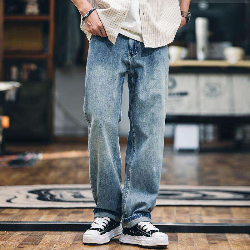 美式浅蓝色覆古牛仔裤男