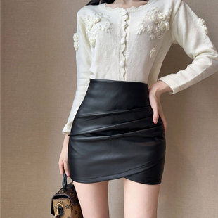 黑色褶皱不规则半身裙短款女秋冬韩版高腰紧身性感pu皮包臀一步裙