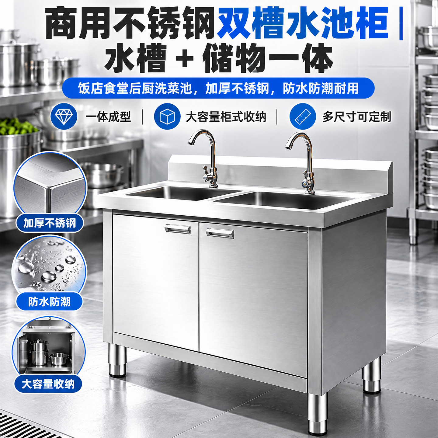 不锈钢水槽柜式洗菜盆加厚水池柜商用食堂单双水池消毒池大通池