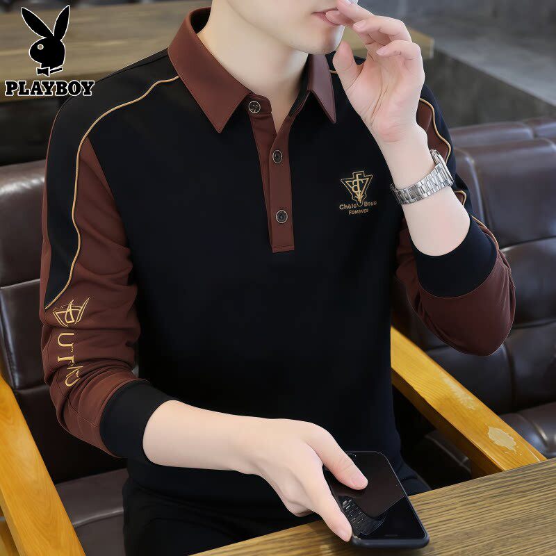花花公子POLO衫卫衣男士春秋新款轻奢时尚撞色商务休闲高级感上衣