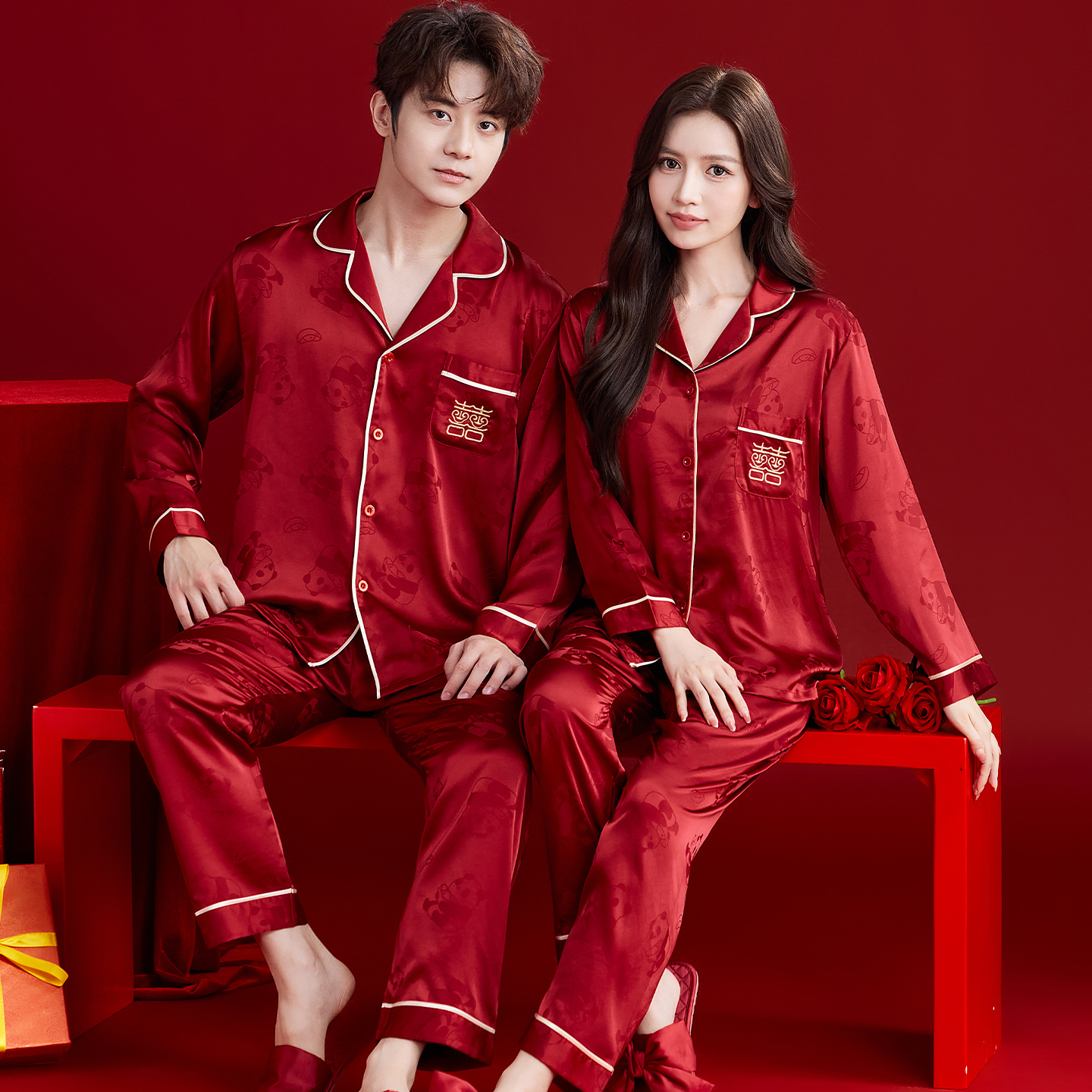 两套价春秋季新款红色冰丝情侣睡衣女结婚新婚家居服男士礼盒套装