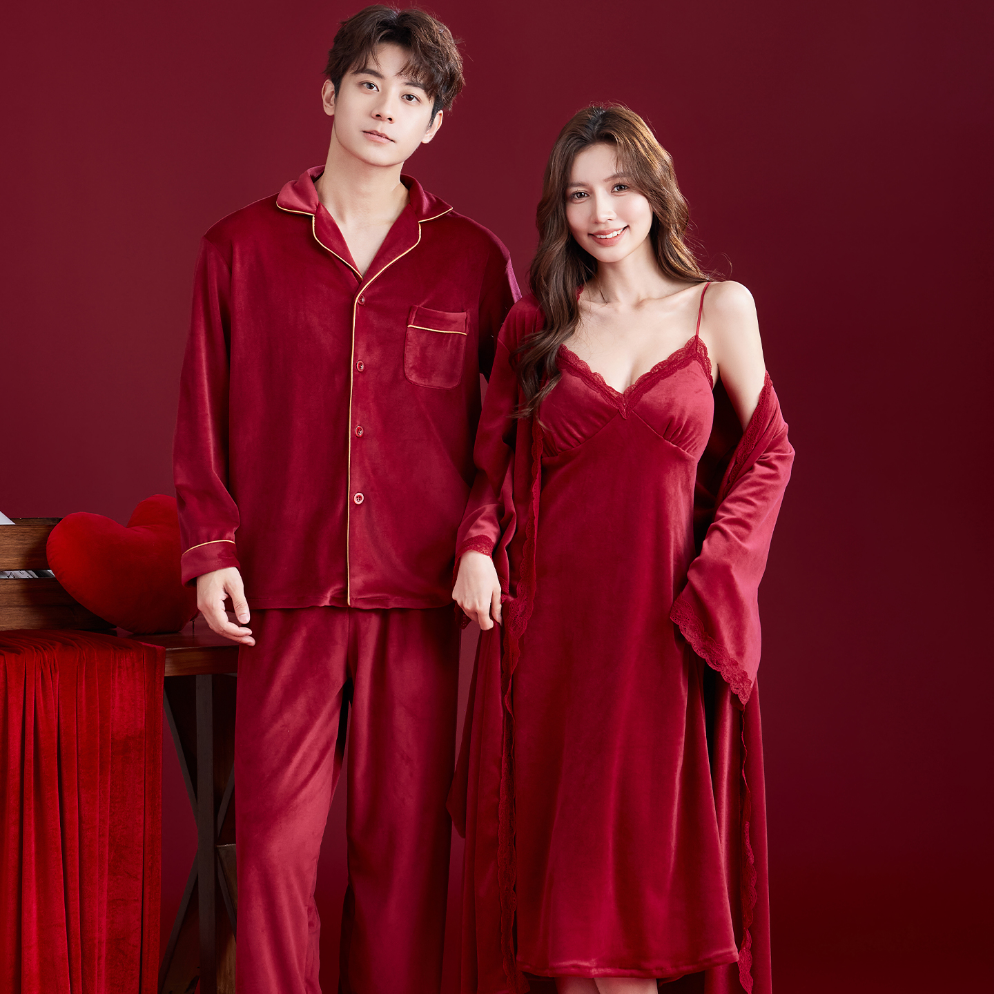 冬季海岛绒红色结婚新婚情侣睡衣新娘晨袍女睡裙保暖家居服男套装