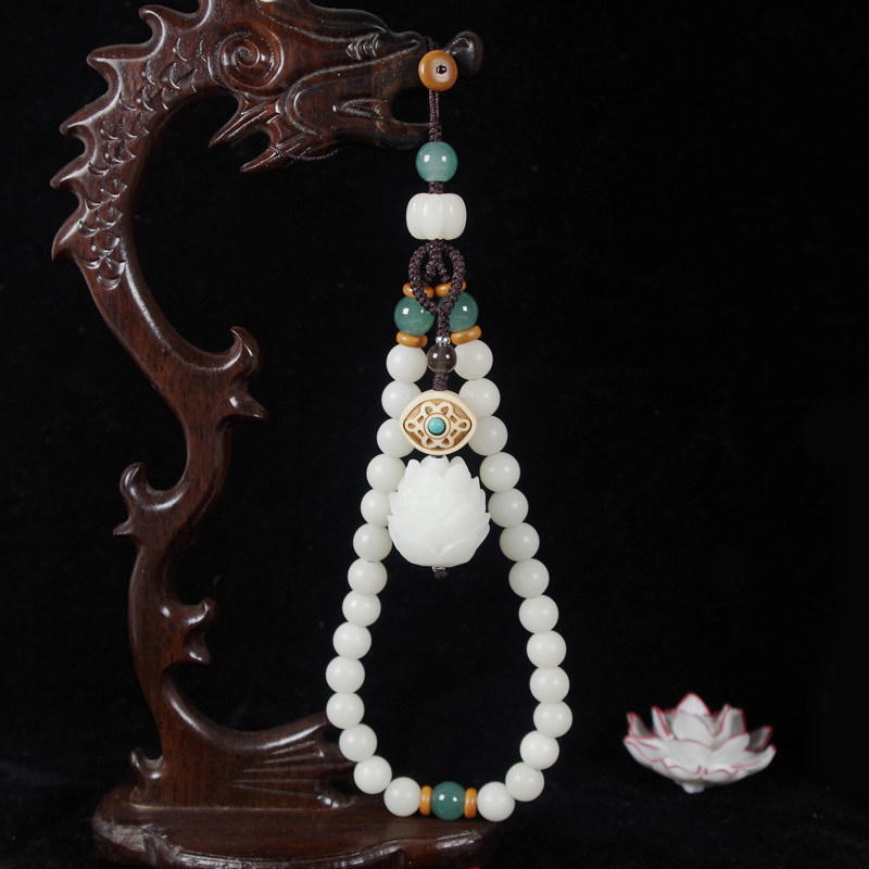 天然白玉菩提手机链菩提根雕刻天眼莲花钱袋复古手机挂绳民族风