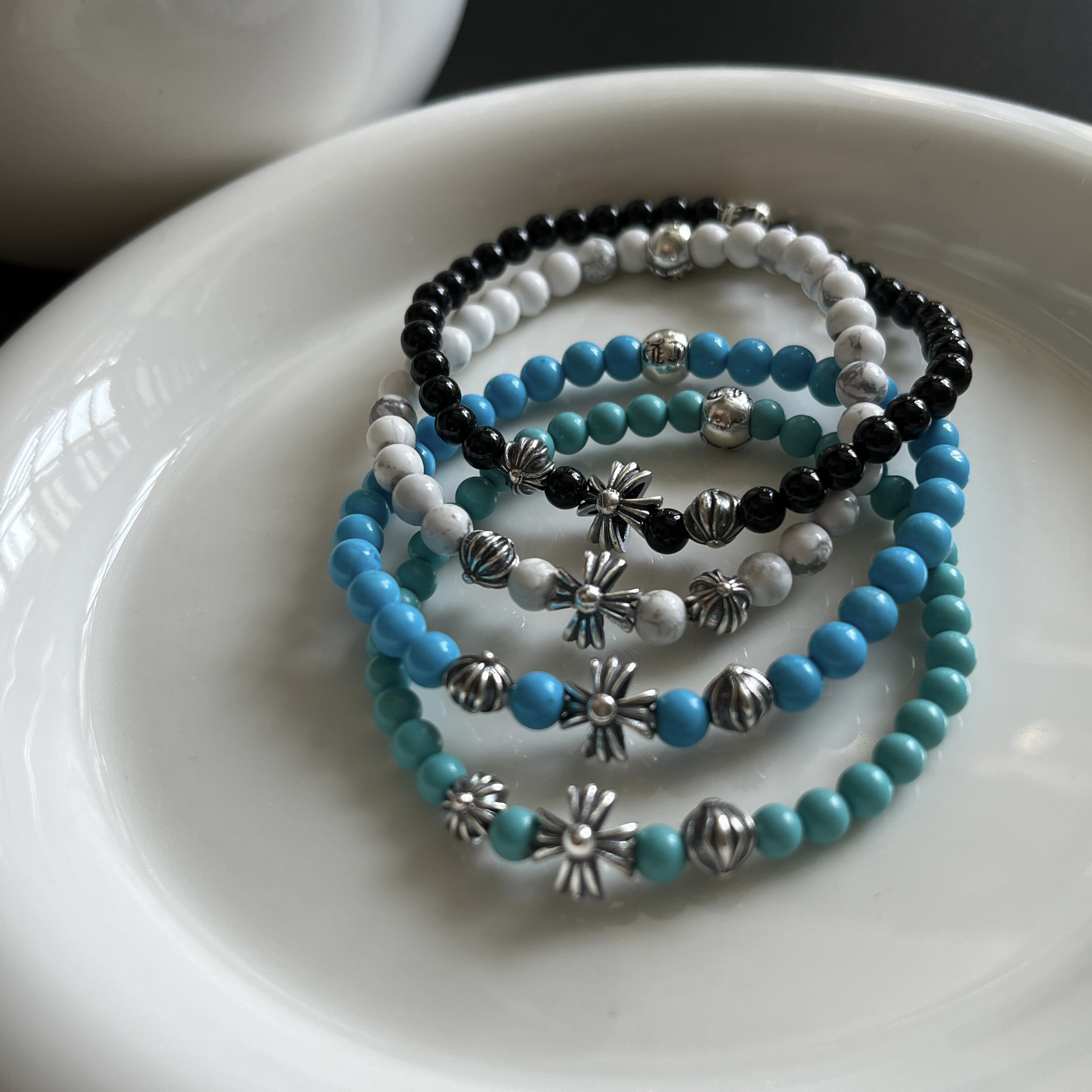 白松石手串女藏银十字架手串手串手链转运手绳情侣复古串珠