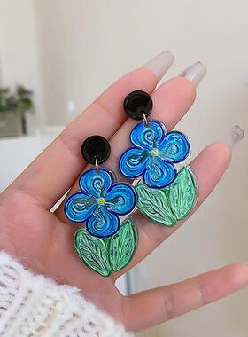 油画感蓝色耳环女复古彩色花朵个性秋冬耳饰小众设计感无耳洞耳夹